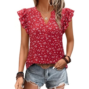siliteelon Flutter Sleeve Tops for Women Ruffle Sleeve Cap Sleeve Tops | Short Sleeve Shirts For Women Cap Sleeve Flowy Work Office Casual Date Party Summer V-neck Shirts 2026 Trendy(Red Floral)