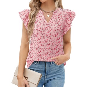 siliteelon Flutter Sleeve Tops for Women Ruffle Sleeve Cap Sleeve Tops | Short Sleeve Shirts For Women Cap Sleeve Flowy Work Office Casual Date Party Summer V-neck Shirts 2026 Trendy(Pink Floral)