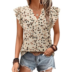siliteelon Flutter Sleeve Tops for Women Ruffle Sleeve Cap Sleeve Tops | Short Sleeve Shirts For Women Cap Sleeve Flowy Work Office Casual Date Party Summer V-neck Shirts 2026 Trendy(Apricot Floral)
