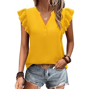 siliteelon Flutter Sleeve Tops for Women Ruffle Sleeve Cap Sleeve Tops | Short Sleeve Shirts For Women Cap Sleeve Flowy Work Office Casual Date Party Summer V-neck Shirts 2026 Trendy(Yellow)