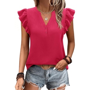 siliteelon Flutter Sleeve Tops for Women Ruffle Sleeve Cap Sleeve Tops | Short Sleeve Shirts For Women Cap Sleeve Flowy Work Office Casual Date Party Summer V-neck Shirts 2026 Trendy(Rose Red)