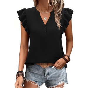 siliteelon Flutter Sleeve Tops for Women Ruffle Sleeve Cap Sleeve Tops | Short Sleeve Shirts For Women Cap Sleeve Flowy Work Office Casual Date Party Summer V-neck Shirts 2026 Trendy(Black)