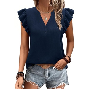 siliteelon Flutter Sleeve Tops for Women Ruffle Sleeve Cap Sleeve Tops | Short Sleeve Shirts For Women Cap Sleeve Flowy Work Office Casual Date Party Summer V-neck Shirts 2026 Trendy(Dark Blue)