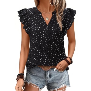 siliteelon Flutter Sleeve Tops for Women Ruffle Sleeve Cap Sleeve Tops | Short Sleeve Shirts For Women Cap Sleeve Flowy Work Office Casual Date Party Summer V-neck Shirts 2026 Trendy(Black Dot)