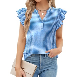 siliteelon Flutter Sleeve Tops for Women Ruffle Sleeve Cap Sleeve Tops | Short Sleeve Shirts For Women Cap Sleeve Flowy Work Office Casual Date Party Summer V-neck Shirts 2026 Trendy(Blue Checker)