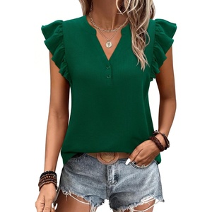 siliteelon Flutter Sleeve Tops for Women Ruffle Sleeve Cap Sleeve Tops | Short Sleeve Shirts For Women Cap Sleeve Flowy Work Office Casual Date Party Summer V-neck Shirts 2026 Trendy(Green)