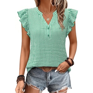 siliteelon Flutter Sleeve Tops for Women Ruffle Sleeve Cap Sleeve Tops | Short Sleeve Shirts For Women Cap Sleeve Flowy Work Office Casual Date Party Summer V-neck Shirts 2026 Trendy(Green Checker)
