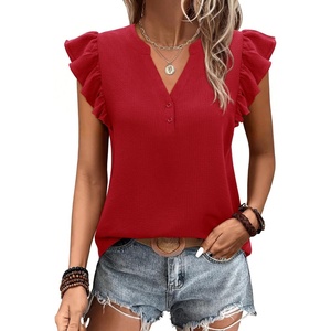siliteelon Flutter Sleeve Tops for Women Ruffle Sleeve Cap Sleeve Tops | Short Sleeve Shirts For Women Cap Sleeve Flowy Work Office Casual Date Party Summer V-neck Shirts 2026 Trendy(Red)