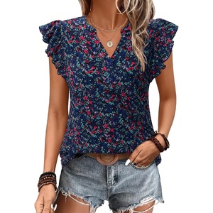 siliteelon Flutter Sleeve Tops for Women Ruffle Sleeve Cap Sleeve Tops | Short Sleeve Shirts For Women Cap Sleeve Flowy Work Office Casual Date Party Summer V-neck Shirts 2026 Trendy(Navy Floral)