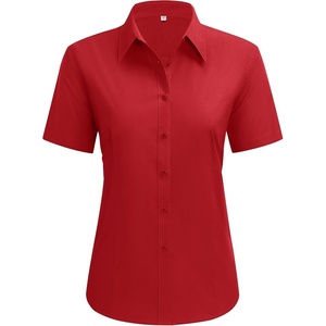 siliteelon Short Sleeve Button Up Women Cotton Collared Shirt Work Blouse | 100% Cotton, Breathable Lightweight, Classic Fit Dress Shirt, Work Office Wear, Versatile Business Casual, Moisture-Wicking(Red)