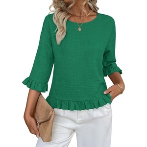 siliteelon Womens 3/4 Sleeve Tops Summer Ruffle Dressy Casual Blouses | Crew Neck Flowy Three Quarter Tops Linen Summer Spring Fall Blouses Peplum 2026 Trendy Cute Western Petite Shirt Work Clothes(Green)