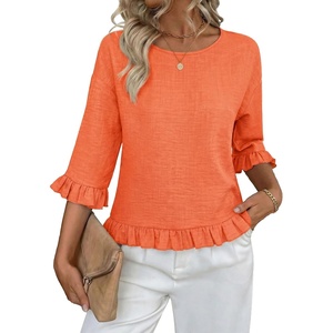 siliteelon Womens 3/4 Sleeve Tops Summer Ruffle Dressy Casual Blouses | Crew Neck Flowy Three Quarter Tops Linen Summer Spring Fall Blouses Peplum 2026 Trendy Cute Western Petite Shirt Work Clothes(Orange)