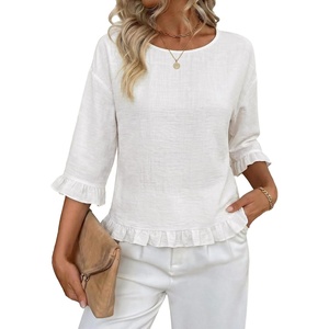 siliteelon Womens 3/4 Sleeve Tops Summer Ruffle Dressy Casual Blouses | Crew Neck Flowy Three Quarter Tops Linen Summer Spring Fall Blouses Peplum 2026 Trendy Cute Western Petite Shirt Work Clothes(All White05)