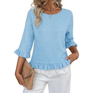 siliteelon Womens 3/4 Sleeve Tops Summer Ruffle Dressy Casual Blouses | Crew Neck Flowy Three Quarter Tops Linen Summer Spring Fall Blouses Peplum 2026 Trendy Cute Western Petite Shirt Work Clothes(Light Blue)
