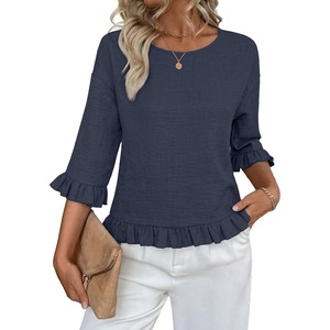 siliteelon Womens 3/4 Sleeve Tops Summer Ruffle Dressy Casual Blouses | Crew Neck Flowy Three Quarter Tops Linen Summer Spring Fall Blouses Peplum 2026 Trendy Cute Western Petite Shirt Work Clothes(Navy Blue)