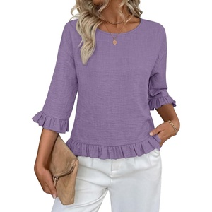 siliteelon Womens 3/4 Sleeve Tops Summer Ruffle Dressy Casual Blouses | Crew Neck Flowy Three Quarter Tops Linen Summer Spring Fall Blouses Peplum 2026 Trendy Cute Western Petite Shirt Work Clothes(Purple)