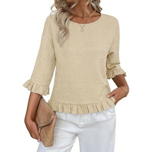 siliteelon Womens 3/4 Sleeve Tops Summer Ruffle Dressy Casual Blouses | Crew Neck Flowy Three Quarter Tops Linen Summer Spring Fall Blouses Peplum 2026 Trendy Cute Western Petite Shirt Work Clothes(A Khaki)