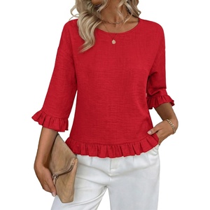 siliteelon Womens 3/4 Sleeve Tops Summer Ruffle Dressy Casual Blouses | Crew Neck Flowy Three Quarter Tops Linen Summer Spring Fall Blouses Peplum 2026 Trendy Cute Western Petite Shirt Work Clothes(Red)