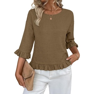siliteelon Womens 3/4 Sleeve Tops Summer Ruffle Dressy Casual Blouses | Crew Neck Flowy Three Quarter Tops Linen Summer Spring Fall Blouses Peplum 2026 Trendy Cute Western Petite Shirt Work Clothes(Coffee)