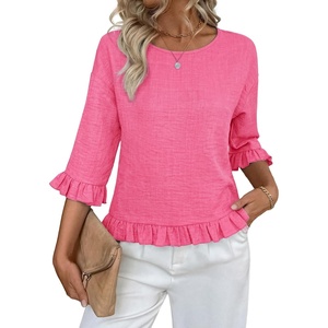 siliteelon Womens 3/4 Sleeve Tops Summer Ruffle Dressy Casual Blouses | Crew Neck Flowy Three Quarter Tops Linen Summer Spring Fall Blouses Peplum 2026 Trendy Cute Western Petite Shirt Work Clothes(Ar Pink)
