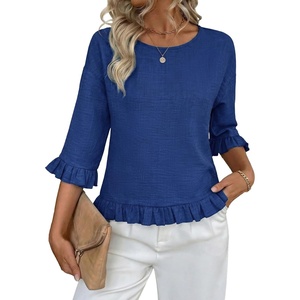 siliteelon Womens 3/4 Sleeve Tops Summer Ruffle Dressy Casual Blouses | Crew Neck Flowy Three Quarter Tops Linen Summer Spring Fall Blouses Peplum 2026 Trendy Cute Western Petite Shirt Work Clothes(Dark Blue)