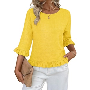 siliteelon Womens 3/4 Sleeve Tops Summer Ruffle Dressy Casual Blouses | Crew Neck Flowy Three Quarter Tops Linen Summer Spring Fall Blouses Peplum 2026 Trendy Cute Western Petite Shirt Work Clothes(Yellow)