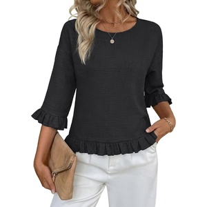 siliteelon Womens 3/4 Sleeve Tops Summer Ruffle Dressy Casual Blouses | Crew Neck Flowy Three Quarter Tops Linen Summer Spring Fall Blouses Peplum 2026 Trendy Cute Western Petite Shirt Work Clothes(All Black)