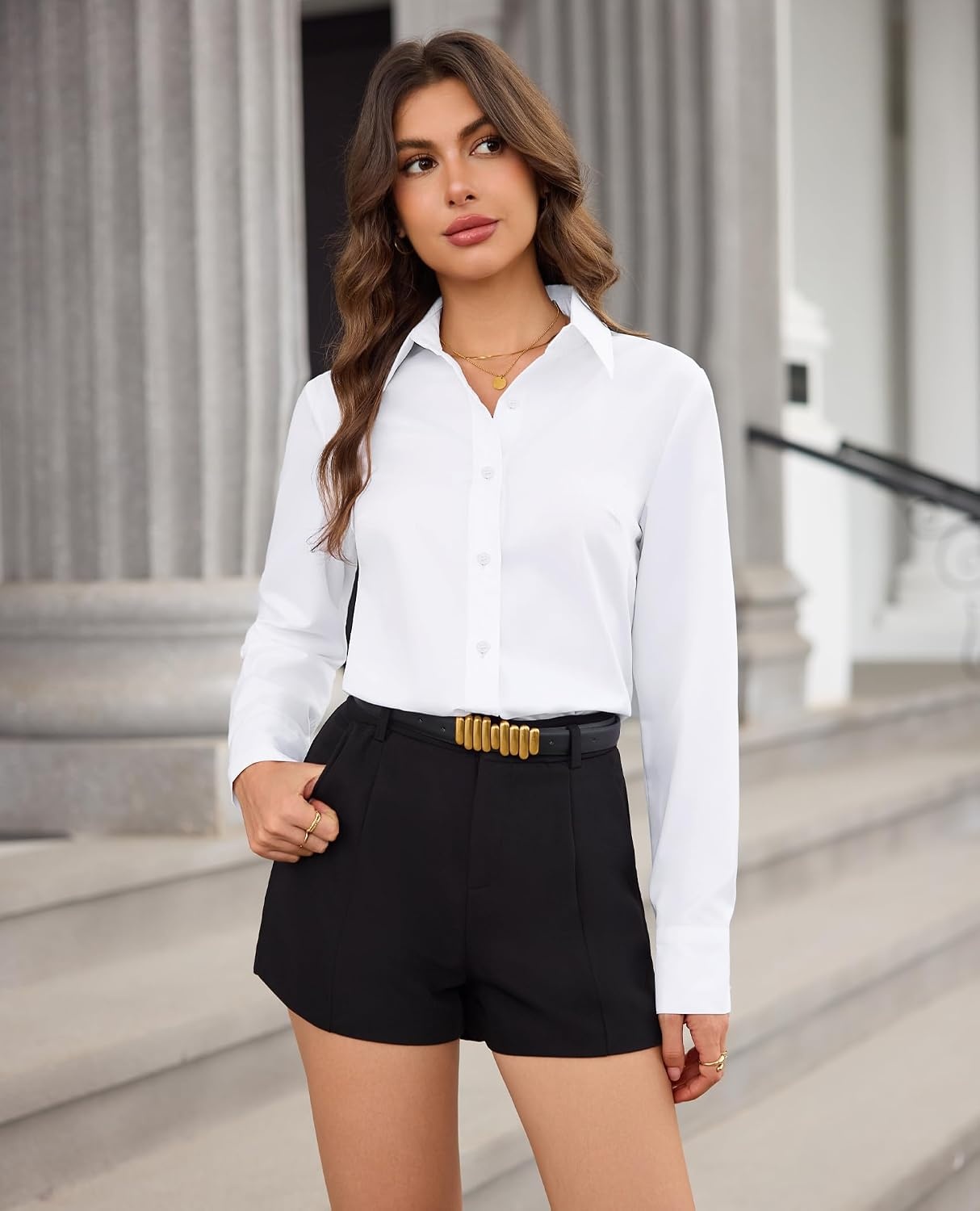 image:imagesiliteelon Striped Button Down Shirts for Women Work Collared Dress Shirt Old Money Business Casual Outfits Blouses for Women Dressy Casual Long Sleeve Professional Interview Shirts with PocketZwhite