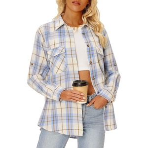 siliteelon Plaid Flannel Shirts for Women Long Sleeve Button Down Shirt | Early Fall Fashion Shackets 2026, Cotton Brushed Flannel Shirt, Soft Lightweight Oversized Boyfriend, Business Casual Outfits(Light Blue Plaid)