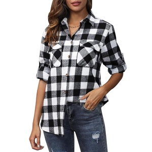 siliteelon Plaid Flannel Shirts for Women Long Sleeve Button Down Shirt | Early Fall Fashion Shackets 2026, Cotton Brushed Flannel Shirt, Soft Lightweight Oversized Boyfriend, Business Casual Outfits(Black White Pliad)
