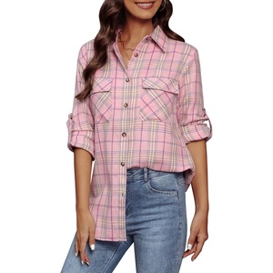 siliteelon Plaid Flannel Shirts for Women Long Sleeve Button Down Shirt | Early Fall Fashion Shackets 2026, Cotton Brushed Flannel Shirt, Soft Lightweight Oversized Boyfriend, Business Casual Outfits(Pink Plaid)
