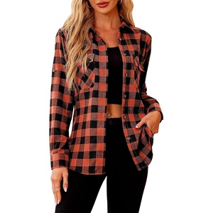 siliteelon Plaid Flannel Shirts for Women Long Sleeve Button Down Shirt | Early Fall Fashion Shackets 2026, Cotton Brushed Flannel Shirt, Soft Lightweight Oversized Boyfriend, Business Casual Outfits(Orange Black Plaid)