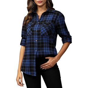 siliteelon Plaid Flannel Shirts for Women Long Sleeve Button Down Shirt | Early Fall Fashion Shackets 2026, Cotton Brushed Flannel Shirt, Soft Lightweight Oversized Boyfriend, Business Casual Outfits(Blue Black Plaid)