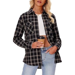 siliteelon Plaid Flannel Shirts for Women Long Sleeve Button Down Shirt | Early Fall Fashion Shackets 2026, Cotton Brushed Flannel Shirt, Soft Lightweight Oversized Boyfriend, Business Casual Outfits(Black Plaid)