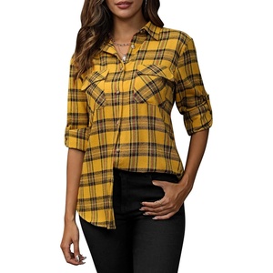 siliteelon Plaid Flannel Shirts for Women Long Sleeve Button Down Shirt | Early Fall Fashion Shackets 2026, Cotton Brushed Flannel Shirt, Soft Lightweight Oversized Boyfriend, Business Casual Outfits(Yellow Plaid)