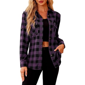 siliteelon Plaid Flannel Shirts for Women Long Sleeve Button Down Shirt | Early Fall Fashion Shackets 2026, Cotton Brushed Flannel Shirt, Soft Lightweight Oversized Boyfriend, Business Casual Outfits(Purple Black Pliad)