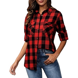 siliteelon Plaid Flannel Shirts for Women Long Sleeve Button Down Shirt | Early Fall Fashion Shackets 2026, Cotton Brushed Flannel Shirt, Soft Lightweight Oversized Boyfriend, Business Casual Outfits(Red Black Pliad)