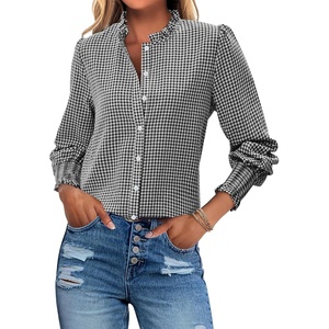 siliteelon Women’s Gingham Button Down Shirts Ruffled Collar Plaid Top | Puff Long Sleeves Checkered Blouses with Smocked Cuffs(Black Plaid)