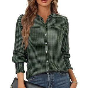 siliteelon Women’s Gingham Button Down Shirts Ruffled Collar Plaid Top | Puff Long Sleeves Checkered Blouses with Smocked Cuffs(Black/Green Plaid(with Pockets))