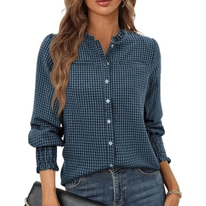 siliteelon Women’s Gingham Button Down Shirts Ruffled Collar Plaid Top | Puff Long Sleeves Checkered Blouses with Smocked Cuffs(Black/Navy Plaid(with Pockets))