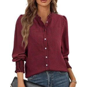 siliteelon Women’s Gingham Button Down Shirts Ruffled Collar Plaid Top | Puff Long Sleeves Checkered Blouses with Smocked Cuffs(Black/Red Plaid(with Pockets))
