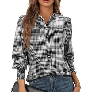 siliteelon Women’s Gingham Button Down Shirts Ruffled Collar Plaid Top | Puff Long Sleeves Checkered Blouses with Smocked Cuffs(Black/White Plaid(with Pockets))