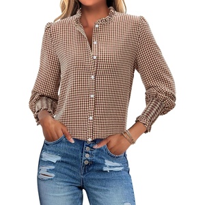 siliteelon Women’s Gingham Button Down Shirts Ruffled Collar Plaid Top | Puff Long Sleeves Checkered Blouses with Smocked Cuffs(Brown Plaid)