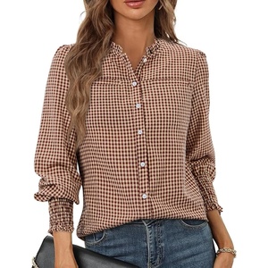siliteelon Women’s Gingham Button Down Shirts Ruffled Collar Plaid Top | Puff Long Sleeves Checkered Blouses with Smocked Cuffs(Brown/Apricot Plaid(with Pockets))