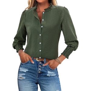 siliteelon Women’s Gingham Button Down Shirts Ruffled Collar Plaid Top | Puff Long Sleeves Checkered Blouses with Smocked Cuffs(Green Plaid)