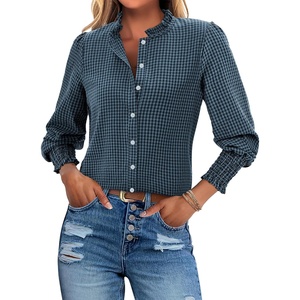 siliteelon Women’s Gingham Button Down Shirts Ruffled Collar Plaid Top | Puff Long Sleeves Checkered Blouses with Smocked Cuffs(Navy Blue Plaid)