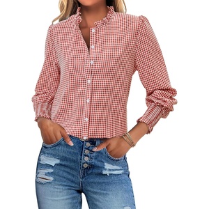 siliteelon Women’s Gingham Button Down Shirts Ruffled Collar Plaid Top | Puff Long Sleeves Checkered Blouses with Smocked Cuffs(Pink Plaid)