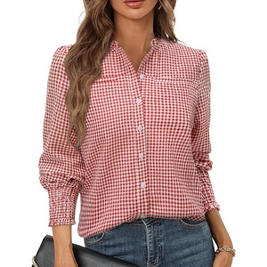 siliteelon Women’s Gingham Button Down Shirts Ruffled Collar Plaid Top | Puff Long Sleeves Checkered Blouses with Smocked Cuffs(Pink/White Plaid(with Pockets))