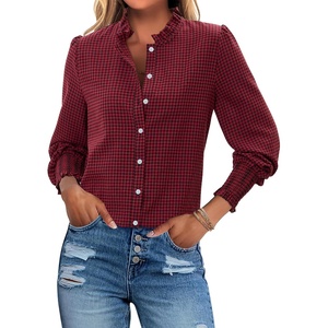 siliteelon Women’s Gingham Button Down Shirts Ruffled Collar Plaid Top | Puff Long Sleeves Checkered Blouses with Smocked Cuffs(Red Plaid)