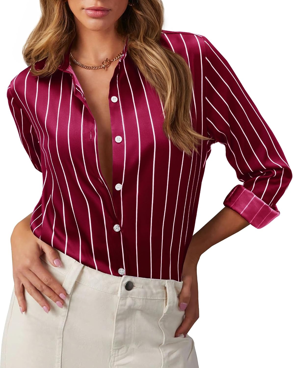 image:imageWomen Silk Blouse Striped Button Down Shirt Satin Long Sleeve Dress ShirtBurgundy Striped